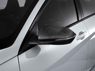 Hyundai N Performance Parts (Elantra N carbon-fiber side mirrors) are depicted. Hyundai N Performance Parts (Elantra N carbon-fiber side mirrors) are depicted.