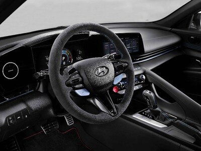 Hyundai N Performance Parts (Elantra N Alcantara® steering wheel) is depicted. Hyundai N Performance Parts (Elantra N Alcantara® steering wheel) is depicted.