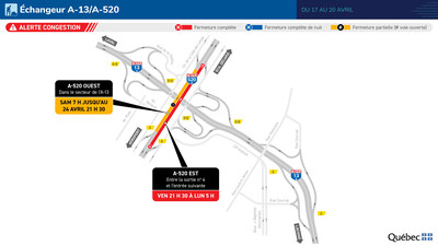 Fermeture de l’autoroute 520, en direction est, dans le secteur de l’autoroute 13 au cours de la fin de semaine du 17 au 20 avril 2026 (Groupe CNW/Ministère des Transports et de la Mobilité durable) Fermeture de l’autoroute 520, en direction est, dans le secteur de l’autoroute 13 au cours de la fin de semaine du 17 au 20 avril 2026 (Groupe CNW/Ministère des Transports et de la Mobilité durable)