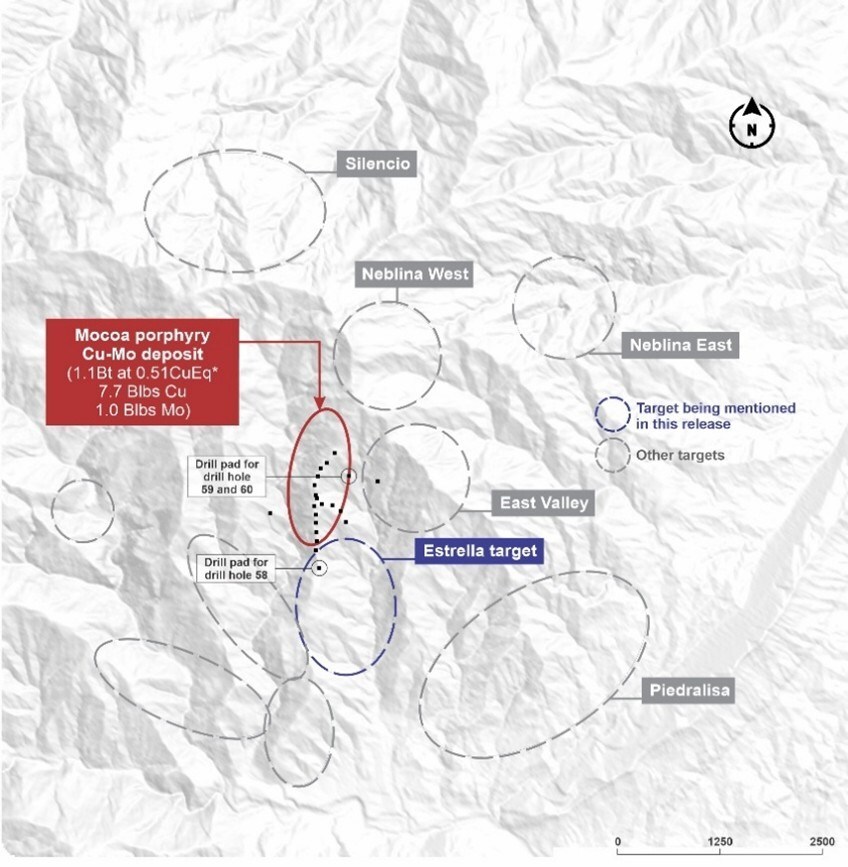 Figure 1. Plan view of the exploration targets and the Mocoa porphyry Cu-Mo deposit. *Black dots for drill pads. (CNW Group/COPPER GIANT RESOURCES CORP.) Figure 1. Plan view of the exploration targets and the Mocoa porphyry Cu-Mo deposit. *Black dots for drill pads. (CNW Group/COPPER GIANT RESOURCES CORP.)