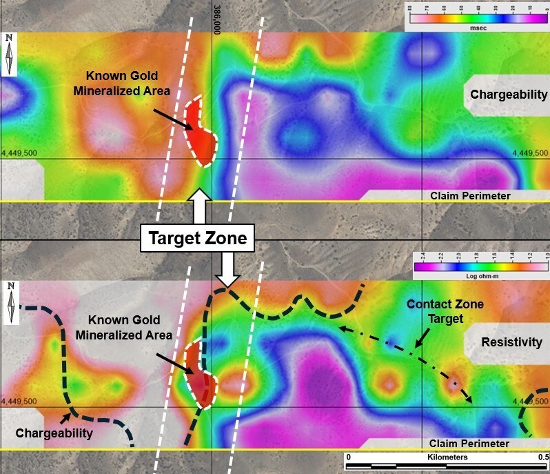 Figure 1 – Chargeability and Resistivity 50–100m Depth Slice with Target Zone and Known Gold Mineralized Area. (CNW Group/Black Mammoth Metals Corp) Figure 1 – Chargeability and Resistivity 50–100m Depth Slice with Target Zone and Known Gold Mineralized Area. (CNW Group/Black Mammoth Metals Corp)