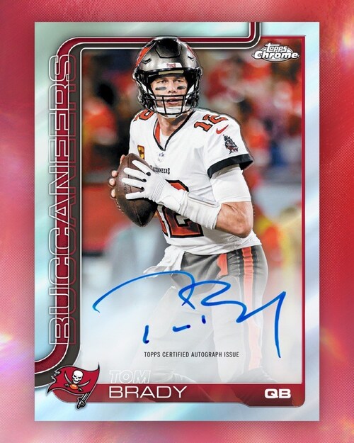 Anyone who purchases 2025 Topps Chrome Football in-store at any CardVault by Tom Brady location or on CardVault Breaks on Fanatics Live and pulls a Tom Brady Buccaneers autograph card will receive an opportunity to FaceTime live with Tom Brady.