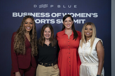 Podcast hosts Cari Champion (left) and Jemele Hill (right) are photographed with panelists Andrea Brimmer, Ally Chief Marketing and Public Relations Officer, and iHeart’s Sarah Spain (center) at Deep Blue Business of Women’s Sports Summit at Chelsea Industrial on Tuesday, April 14, 2026, in New York, New York. (Calla Kessler/AP Content Services for Ally)