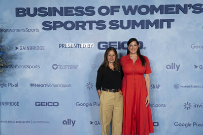 Andrea Brimmer, Ally Chief Marketing and Public Relations Officer, (left) and iHeart’s Sarah Spain are photographed at Deep Blue Business of Women’s Sports Summit at Chelsea Industrial on Tuesday, April 14, 2026, in New York, New York. (Calla Kessler/AP Content Services for Ally)