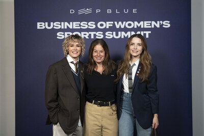 Former American soccer player Ashlyn Harris, Ally Chief Marketing and Public Relations Officer Andrea Brimmer and actress Sophia Bush (left to right) are photographed at Deep Blue Business of Women’s Sports Summit at Chelsea Industrial on Tuesday, April 14, 2026, in New York, New York. (Calla Kessler/AP Content Services for Ally)