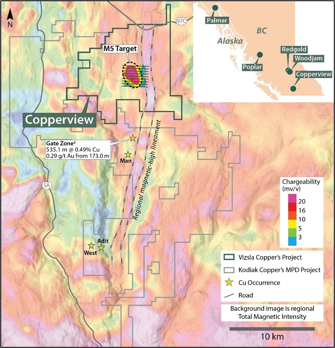 Figure 1. Map of the Copperview Project showing the location of the M5 target in relation to a regional magnetic-high lineament and Kodiak Copper’s Gate discovery2. The untested M5 chargeability-high anomaly (250m depth slice) is shown with survey lines from 2024 and 2025. (CNW Group/Vizsla Copper Corp.) Figure 1. Map of the Copperview Project showing the location of the M5 target in relation to a regional magnetic-high lineament and Kodiak Copper’s Gate discovery2. The untested M5 chargeability-high anomaly (250m depth slice) is shown with survey lines from 2024 and 2025. (CNW Group/Vizsla Copper Corp.)