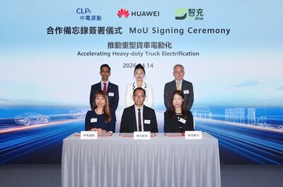 (Back row, from left) Witnessed by CLPe eMobility Director Mr Saraansh Dave, Huawei Hong Kong Digital Power Business Managing Director Ms Zoe Gao, and EcoDrive Managing Director Mr Jonathan Siu, (front row, from left) CLPe Head of Sales and Partnership Ms Regina Yip, Huawei Hong Kong Digital Power Business CTO Mr Kenneth Ng, and EcoDrive Manager Ms Shirley Cheng sign the MoU on a plan to develop a supercharging station to accelerate heavy-duty commercial vehicle electrification