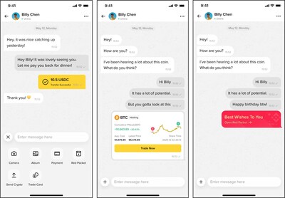 Users can seamlessly make crypto transfers, share trade cards, and send red packets within their conversations. Figures and text for illustration purposes only. (PRNewsfoto/Binance) Users can seamlessly make crypto transfers, share trade cards, and send red packets within their conversations. Figures and text for illustration purposes only. (PRNewsfoto/Binance)