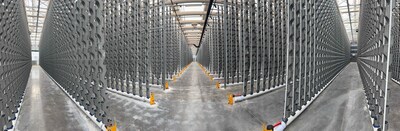 Rows of vertical hydroponic grow towers inside Eden Greens large commercial greenhouse