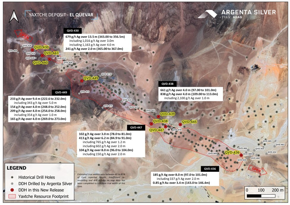 Map of Yaxtche Deposit area displaying the collars of DDH QVD-430, QVD-436, QVD-438, QVD-439, QVD-440, QVD-443, QVD-445, QVD-447, and QVD-449. (CNW Group/Argenta Silver Corp.) Map of Yaxtche Deposit area displaying the collars of DDH QVD-430, QVD-436, QVD-438, QVD-439, QVD-440, QVD-443, QVD-445, QVD-447, and QVD-449. (CNW Group/Argenta Silver Corp.)