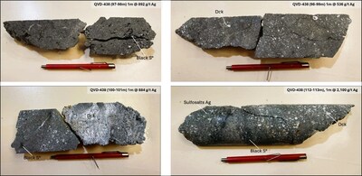 Detailed photos of QVD-438 showing clear evidence of high-grade mineralization continuity within intercepts of 661 g/t Ag over 4.0m and 838 g/t Ag over 4m, notably including the interval from 112 to 113 meters which returned 
2,100 g/t Ag over 1.0m. (CNW Group/Argenta Silver Corp.)