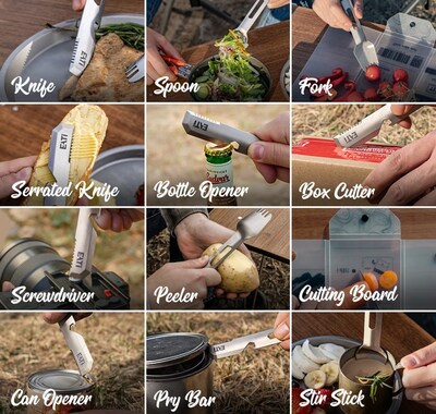 10 tools in one titanium essential-Cook. Prep. Eat - anywhere, without the bulk. 10 tools in one titanium essential-Cook. Prep. Eat - anywhere, without the bulk.