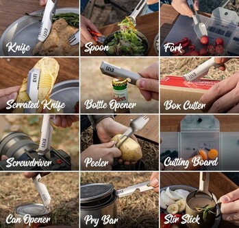 10 tools in one titanium essential-Cook. Prep. Eat - anywhere, without the bulk.