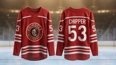 The Chipotle hockey jersey, exclusively available via the Chipotle Rewards Exchange, features “Chipper” on the back, a nickname for Chipotle popularized by hockey players and fans on social media. The number 53 references the 53 real ingredients on Chipotle’s core menu.