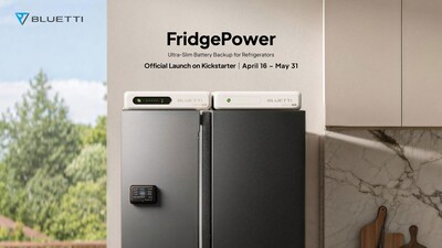 BLUETTI FridgePower is a purpose-built refrigerator battery backup system. Shown (L–R): FridgePower main unit, BlueCell 200 expansion battery, and Display 1 magnetic screen for real-time energy monitoring.