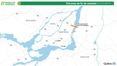 Entraves de fin de semaine, 17 au 20 avril (Groupe CNW/Ministère des Transports et de la Mobilité durable) Entraves de fin de semaine, 17 au 20 avril (Groupe CNW/Ministère des Transports et de la Mobilité durable)