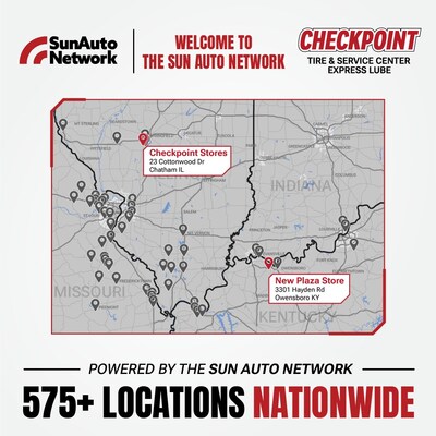 Sun Auto Network expands its Midwest presence with new Checkpoint locations in Illinois and a new Plaza Tire Service store in Owensboro, Kentucky.