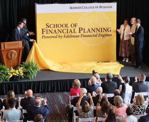 At the April 16 announcement of the historic Edelman Financial Engines gift, from left: Rohrer College of Business Dean Matthew Sarkees, Rowan University President Ali Houshmand, Rowan University Board of Trustees Member Jean Edelman, School of Financial Planning Founding Head Ric Edelman, Edelman Financial Engines CEO & President Ralph Haberli.