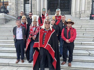Nine Allied Tribes and Lax Kw'alaams delegation at the BC legislature in Victoria. The delegation included: Garry Reece, Txagax - Ginaxgangeek; Rodney Henry, Luu Dzi Dziiwst - Ginaxgangeek; Tammy Dudoward, Laxgyibuu - Gitlaan, matriarch of the House of Niss Laganoos; Ted White, Tucck Douce - Gitandoixs; Vernon Alexcee Sr., Neisgamiik - Gilutsaaw; Andrew Tait, Galksik - Gitsi'is; Stan Dennis Sr., Spinhontx - Gitsaxlax; Stan Dennis Jr., Gamayaamx - Gitando; Rob Hughes, Nesa Waap - Gispaxloots; Don (CNW Group/Lax Kw’alaams Band)