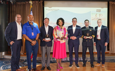 From Left to Right: Dan Farkas, Executive Vice President & General Counsel of NCLH; Michael Pearson, PhilaPort Chairman; Marc Kazlauskas, President of NCL; Philadelphia Mayor Cherelle Parker; Governor Josh Shapiro of Pennsylvania,  Mikko Samuli Kovalainen, Captain of Norwegian Jewel; and Jeff Theobald, CEO of PhilaPort.
