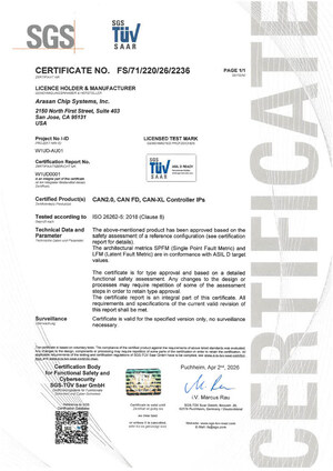 Arasan obtient la première certification ASIL-D de l'industrie pour son noyau CAN XL IP