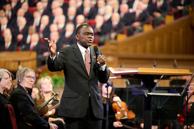 Elder Edward Dube of the Seventy offers remarks at a special broadcast of "Music & the Spoken Word" in the Salt Lake Tabernacle in Salt Lake City, Utah, on Sunday, April 19, 2026.