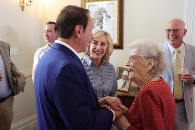 Louisiana Governor Jeff Landry with Patricia "Miss Pat" Gaubert at Gaubert Oil’s 100th Anniversary celebration in Schriever, Louisiana.