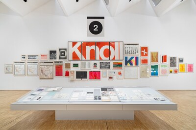 Exhibition view of Lella and Massimo Vignelli. A Language of Clarity, featuring posters from the 1972 exhibition Knoll au Louvre at center, loaned from MillerKnoll
