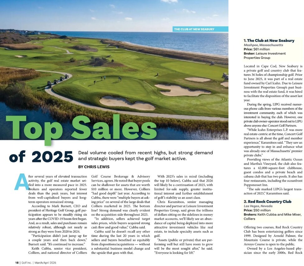 Concert Golf Partners' Purchase of The Club at New Seabury Ranked as the No. 1 Deal of the Year