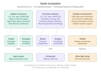 bestn™ ecosystem by Quantumtronix Inc. — five operational layers, three patent-backed pillars. U.S. Patent Apps. No. 63/952,660 & No. 64/043,250. Photo courtesy of Quantumtronix Inc