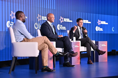 Governor of Maryland Wes Moore and The Rockefeller Foundation President Rajiv J. Shah speak about economic opportunity, including the Foundation’s new Big Bet on Good Jobs for America, with moderator DeRay Mckesson at Big Bets for America: Baltimore. [credit: The Rockefeller Foundation]