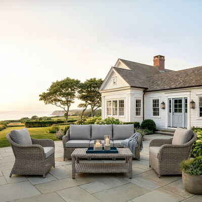 Set against a sweeping coastal backdrop, the latest Martha Stewart Lily Pond Wicker Patio Collection brings timeless elegance and effortless outdoor living to life, with softly tailored seating, weathered gray finishes, and thoughtfully layered textures designed for comfort, durability, and refined style.