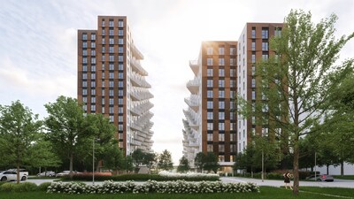View of Lucille-Teasdale Boulevard in Terrebonne showing the Fonds de solidarité FTQ’s first high-rise mass timber rental building in Terrebonne (courtesy of Provencher Roy) (CNW Group/Le Fonds de Solidarité des Travailleurs du Québec (FTQ))