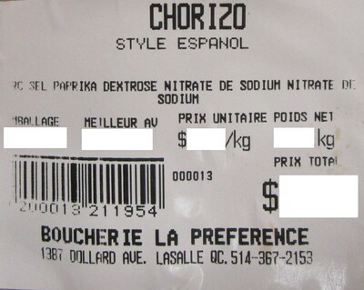 Étiquette chorizo (Groupe CNW/Ministère de l'Agriculture, des Pêcheries et de l'Alimentation)