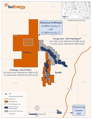 Figure 2: Flatiron drilling target area proximity to the IsoEnergy’s Tony M and Energy Fuel’s Bullfrog deposits. (CNW Group/IsoEnergy Ltd.)