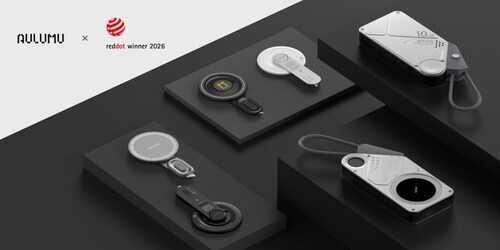 AULUMU's M10 Power Bank and G05 Air 5-in-1 MagSafe Stand, winners of the Red Dot Design Award 2026, displayed in a sleek product arrangement