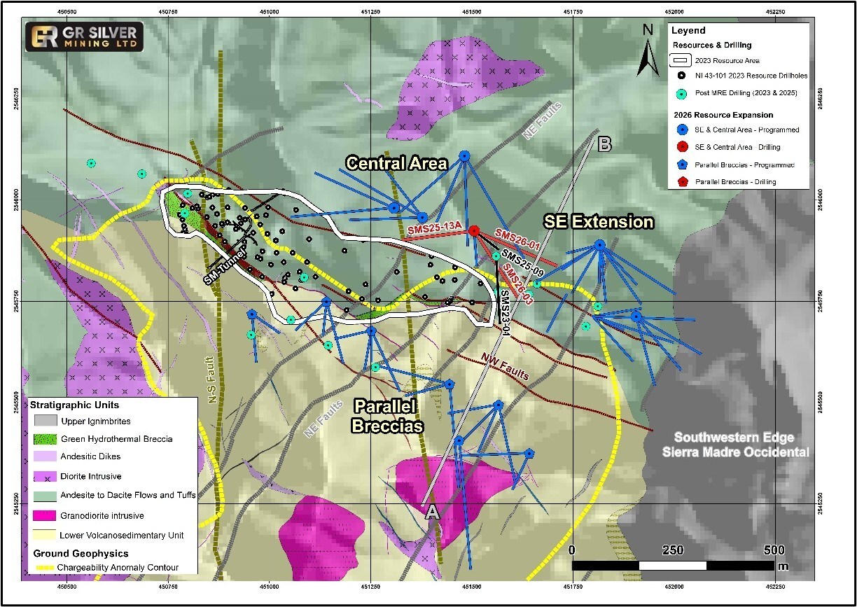 Figure 1: Location of San Marcial Step-Out Drill Holes SMS26-01, SMS26-03 and SMS25-13A (CNW Group/GR Silver Mining Ltd.) Figure 1: Location of San Marcial Step-Out Drill Holes SMS26-01, SMS26-03 and SMS25-13A (CNW Group/GR Silver Mining Ltd.)