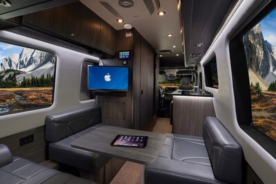 Inside the Strada-ion, handcrafted Ultraleather seating, hardwood cabinetry with radius doors, solid-surface countertops, and ambient LED lighting define a lounge-class cabin. A wall-mounted display and integrated tablet control connect to the GRECH POWER™ unified digital ecosystem, putting full smart-home control at your fingertips wherever the road ends.