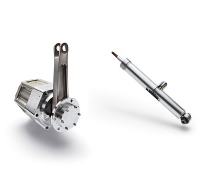 Components of the Hybrid Electromechanical Suspensions: full-active actuator technology (left) and semi-active dampers (right)