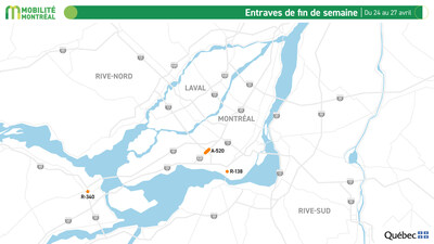 Entraves de fin de semaine, du 24 au 27 avril (Groupe CNW/Ministère des Transports et de la Mobilité durable)