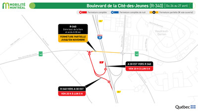 Boulevard de la Cité-des-Jeunes (R-340), du 24 au 27 avril (Groupe CNW/Ministère des Transports et de la Mobilité durable)
