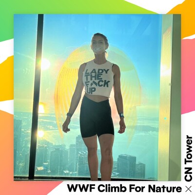 Lexie Ward on the CN Tower observation deck after being crowned the fastest female climbers in 2023. Photo courtesy of Lexie Ward. (CNW Group/World Wildlife Fund Canada)