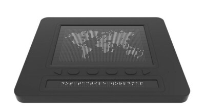 A Dot Pad X shows a world map through dynamic raised pins, transforming visual information into touch. A Dot Pad X shows a world map through dynamic raised pins, transforming visual information into touch.