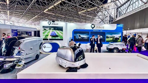 Jtibot showcases its autonomous outdoor sweepers at Interclean Amsterdam 2026, with attendees exploring the company's booth featuring AI-driven cleaning solutions for large-scale environments