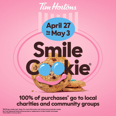 The annual Tim Hortons Smile Cookie campaign is back starting TODAY through Sunday with 100% of proceeds from every delicious cookie sold being donated to a local charity or community group. (CNW Group/Tim Hortons)