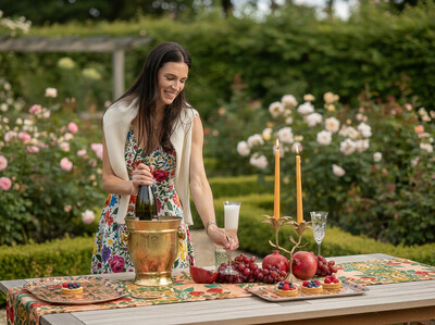 The Summer 2026 Swedish Birchwood Trays in the Pomegranate Migration pattern are shown alongside newly released printed linens and sculptural brass accents, bringing artistry, versatility, and effortless elegance to everyday entertaining.