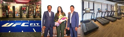 UFC FIT launches at Folium by Sumadhura in Bangalore. (L-R) Mr. Ramarao Kalakuntla, Vice Chairman, Sumadhura Group; Mrs. Sanyogita Ramanan, Vice President, UFC GYM India and Mr. Madhusudhan Gunda, Chairman & Managing Director, Sumadhura Group.