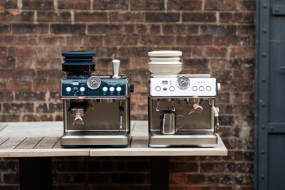 Photo of the Talos 20 espresso machine in Indigo Reverie (left) and Lunar (right).