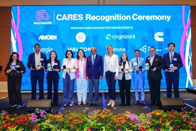 (Two images) Minister K Shanmugam is joined by AmChamSG Chair Elisa Mallis; AmChamSG CEO Dr. Hsien-Hsien Lei; and recipients of the AmCham CARES High Distinction Awards.  Refer to full list below.