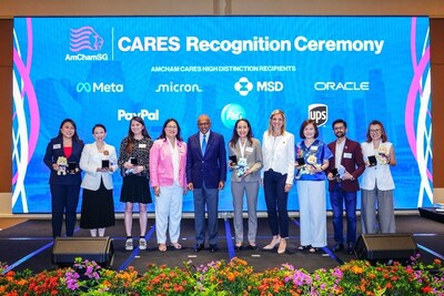 (Two images) Minister K Shanmugam is joined by AmChamSG Chair Elisa Mallis; AmChamSG CEO Dr. Hsien-Hsien Lei; and recipients of the AmCham CARES High Distinction Awards.  Refer to full list below.